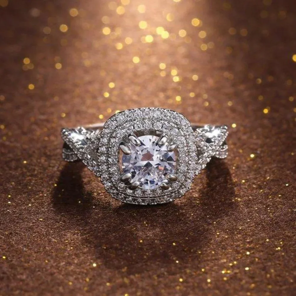 NEW Two Tone Silver Round Diamond Halo Ring - Picture 6 of 7
